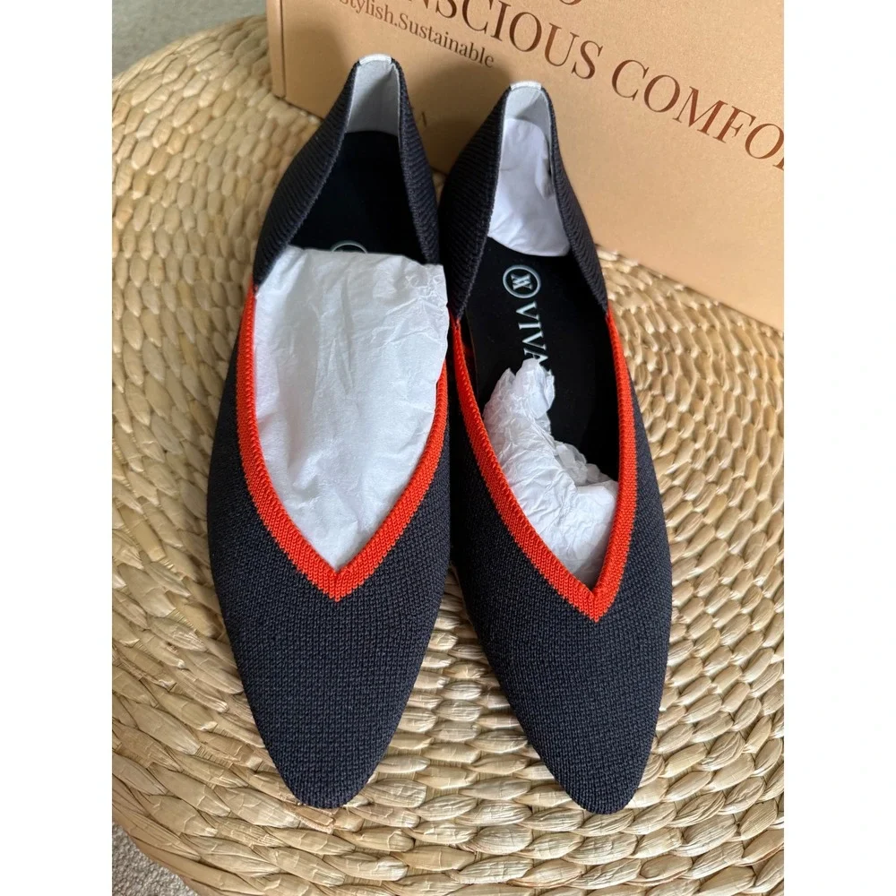 VIVAIA Chic Black Knit Pointed Flats with Bold Orange V-Cut Trim EU/35.5‎ US/5.5